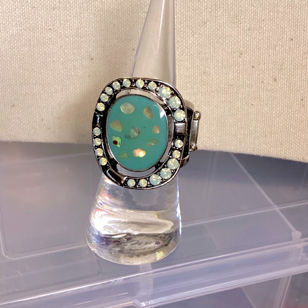 Silver Ring with Green Stone and Rhinestones